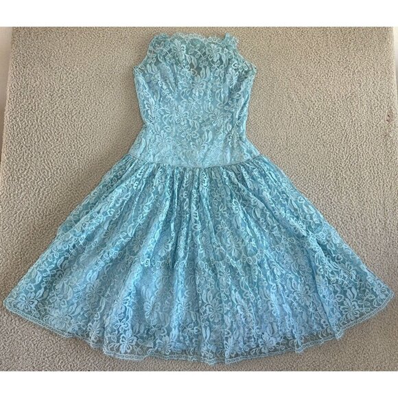 VTG 50s Dress Mid Century Prom Lace Nip Waist Full Skirt Regency Western - Picture 1 of 16